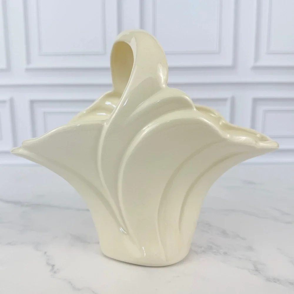 VTG Hand Glazed Ceramic White Basket 7 1/2 tall X 4 1/2 wide X 9